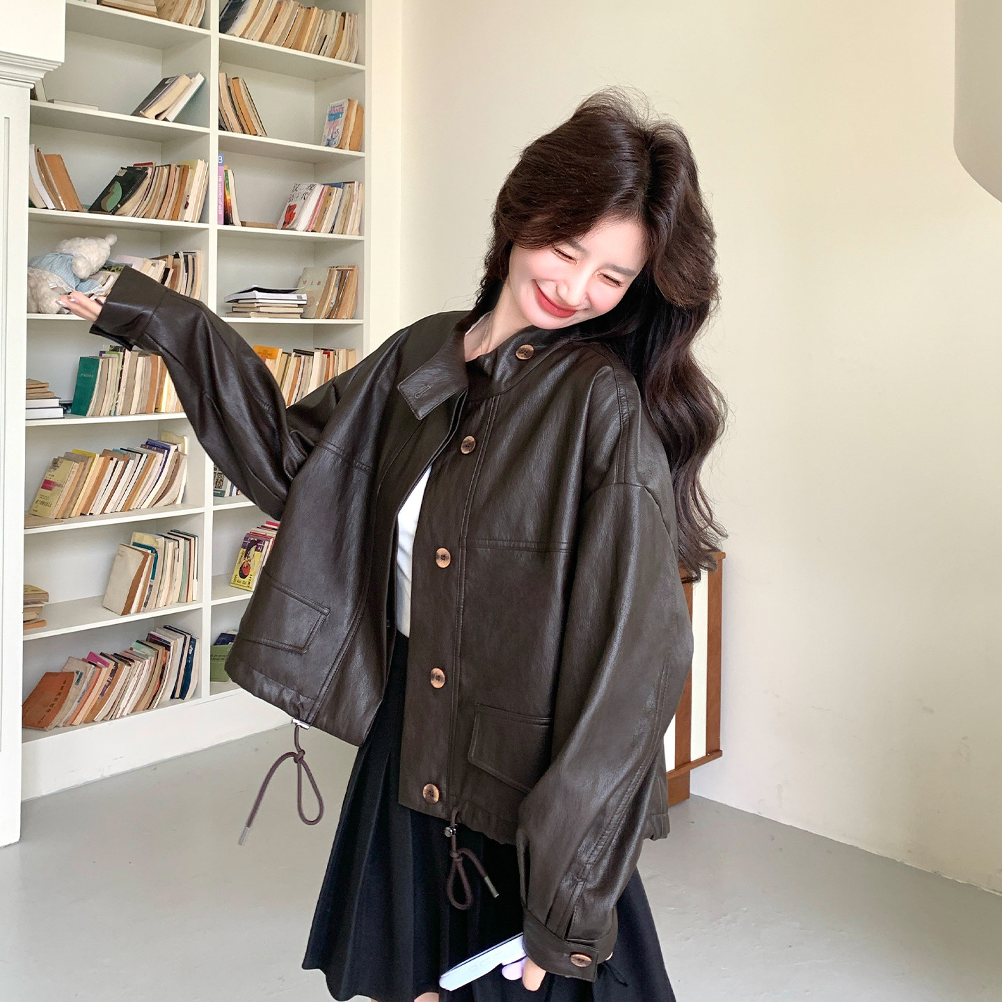 美拉德咖色复古休闲PU皮衣外套女2026春天新款甜酷炸街小个子夹克