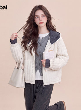 白色撞色格纹连帽轻薄棉服女