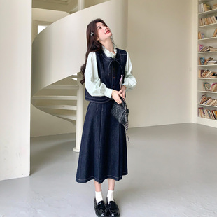 早春韩系学院风牛仔马甲套装女2026新款花边衬衫高腰半身裙两件套