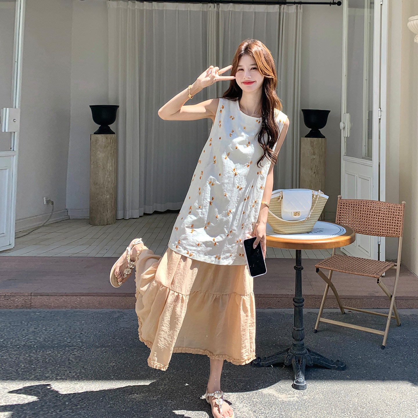小清新风无袖印花连衣裙女夏