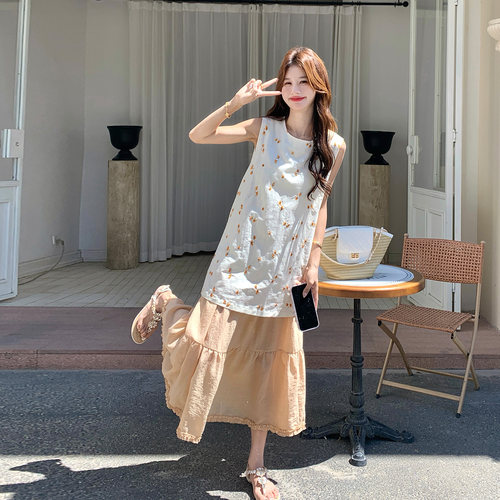 小清新风无袖印花连衣裙女夏