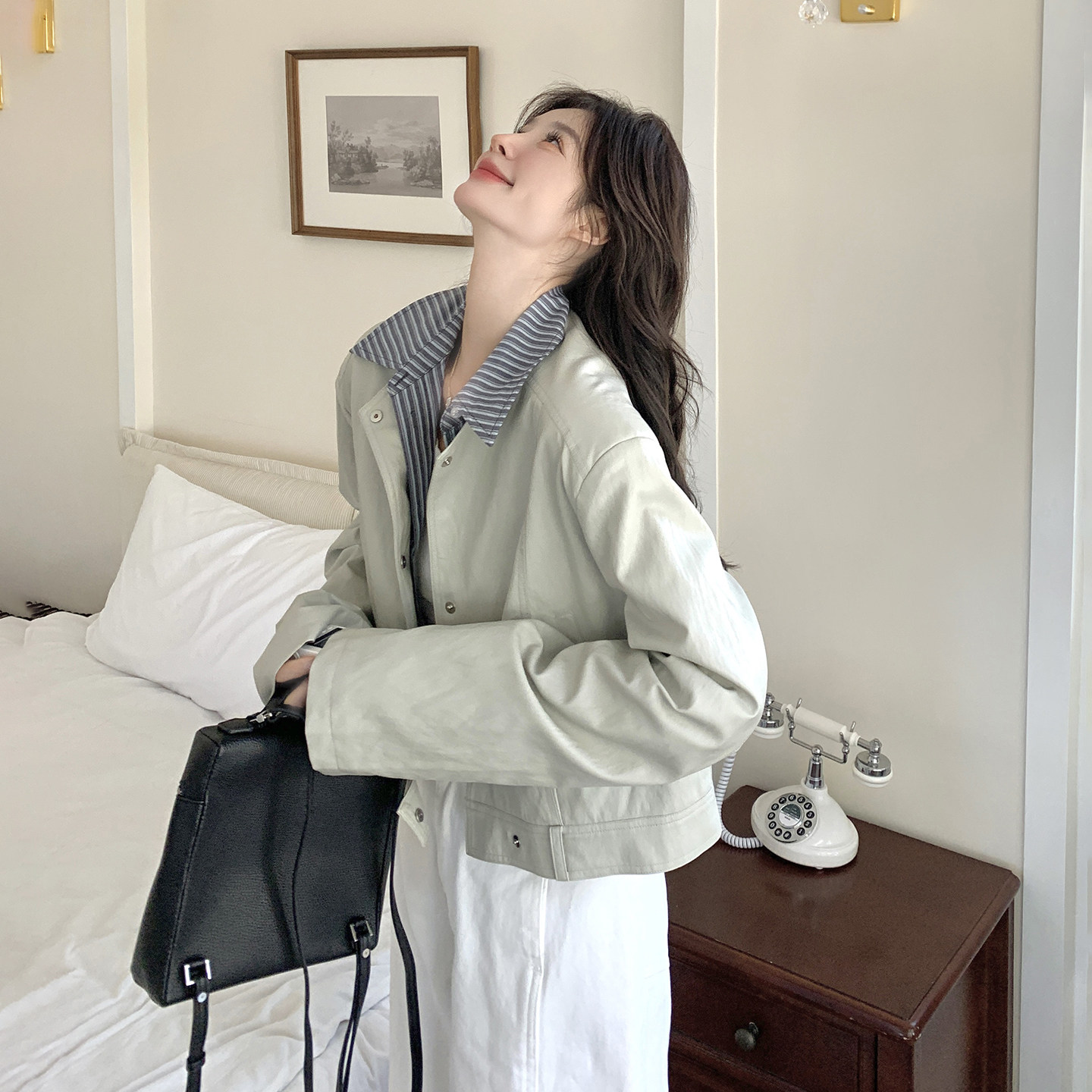 浅绿色韩系百搭通勤款PU皮外套女2026春季新款条纹拼接假两件夹克