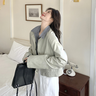 浅绿色韩系百搭通勤款PU皮外套女2026春季新款条纹拼接假两件夹克