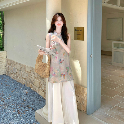 新中式印花无袖上衣阔腿裤套装