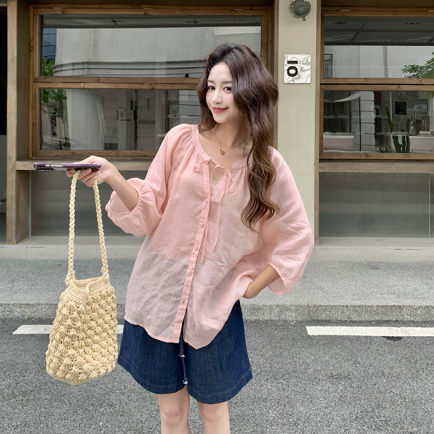 夏新款透气牛仔短裤两件套女