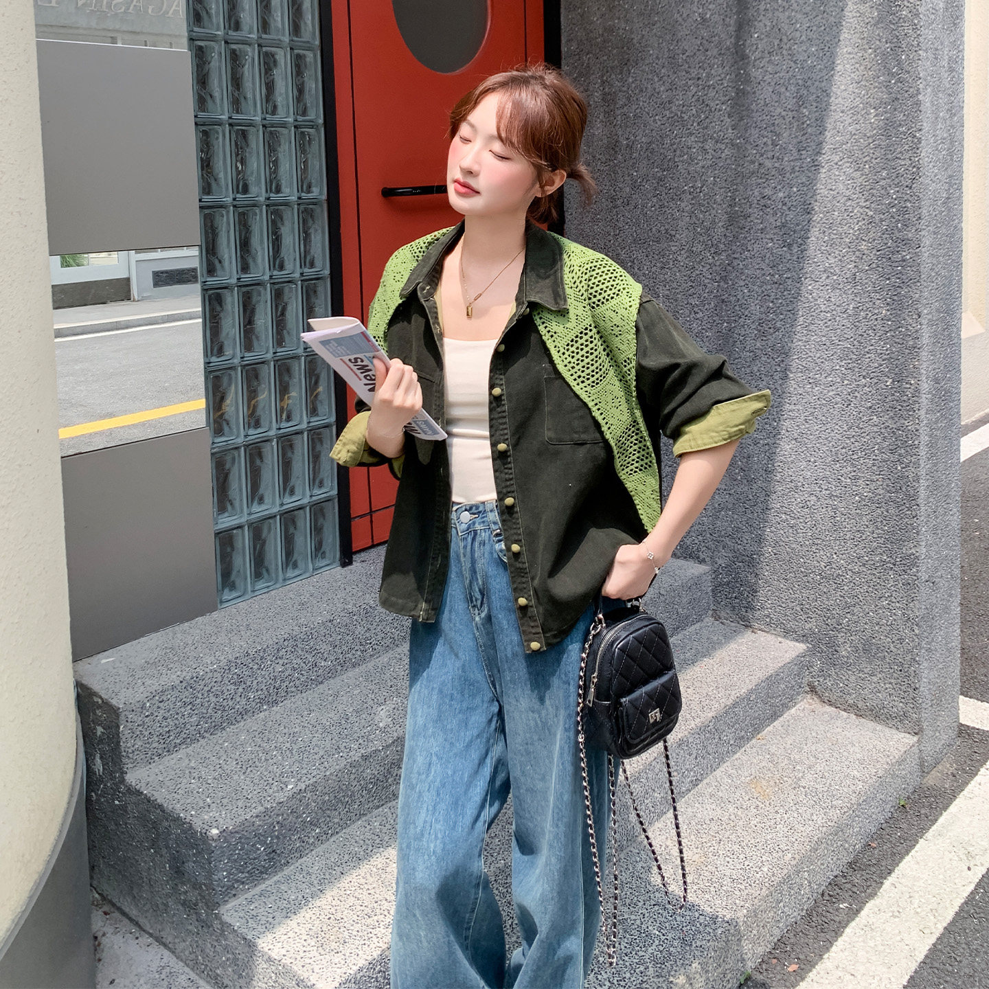 秋季复古港风军绿拼接短外套女