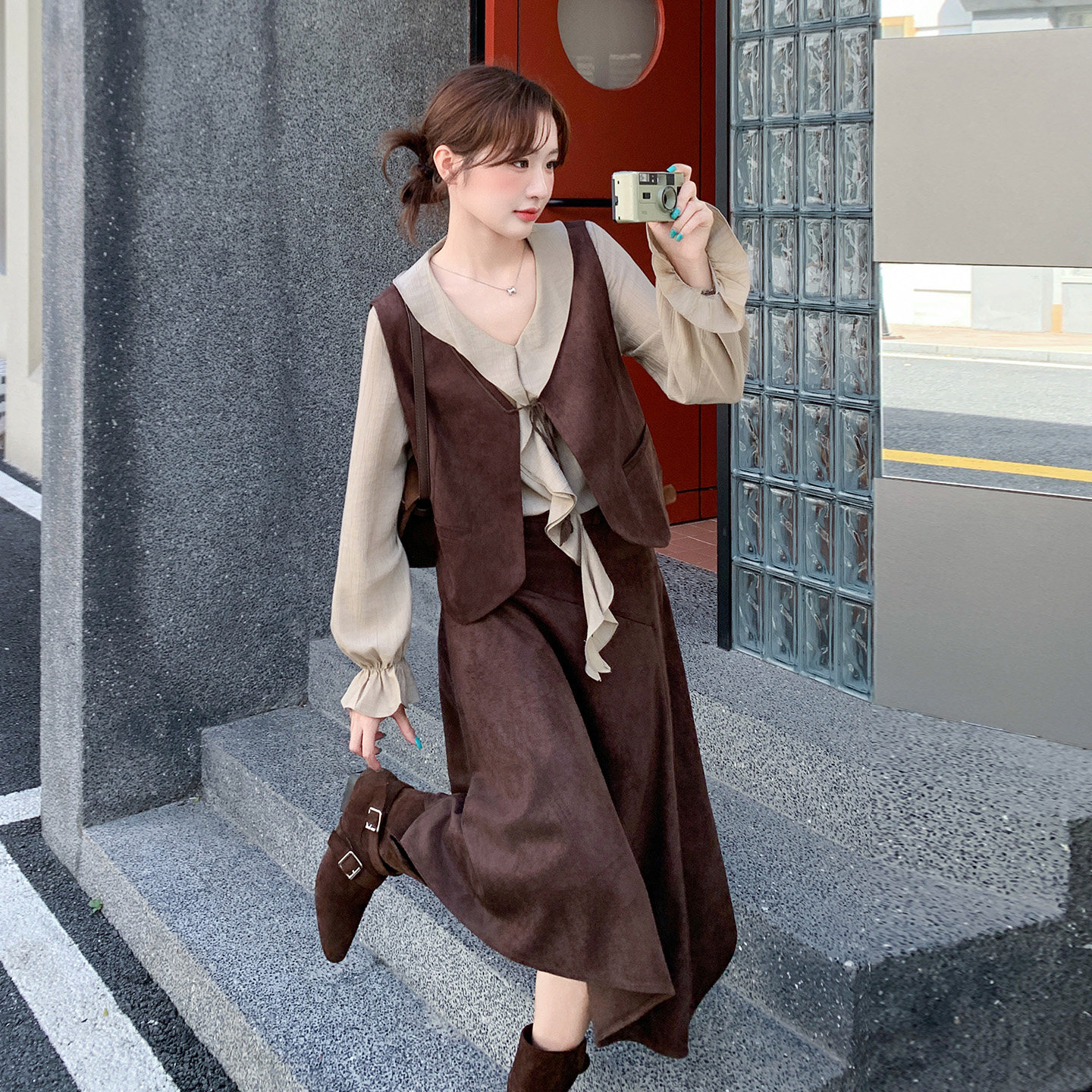 复古麂皮马甲三件套女秋季