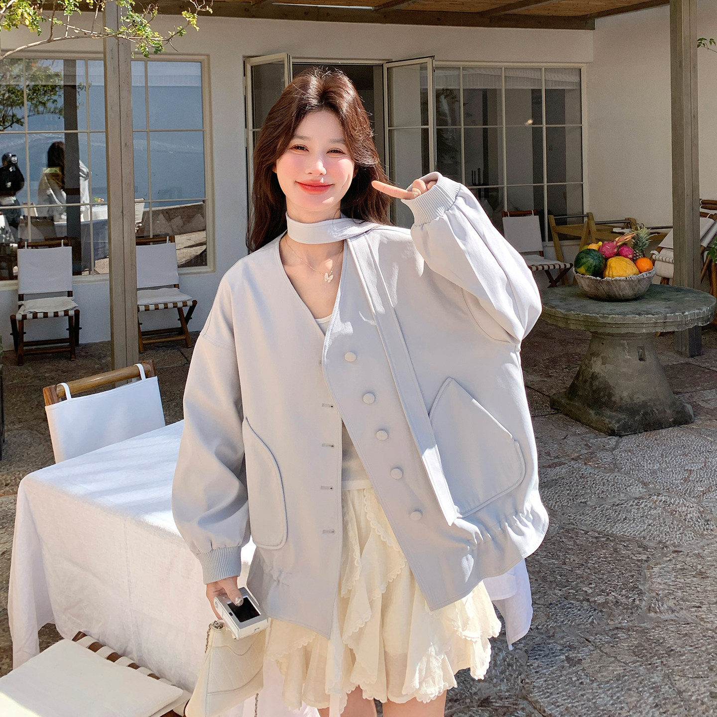 浅蓝色温柔减龄气质外套女2026春新款韩系小个子时尚抽绳V领上衣