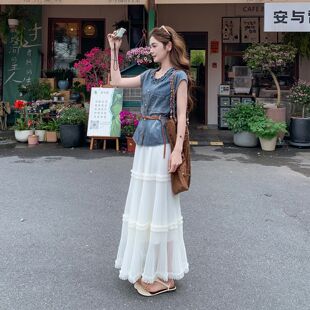 港风复古甜酷少女感套装夏日花边牛仔马甲半身裙两件套2026新款