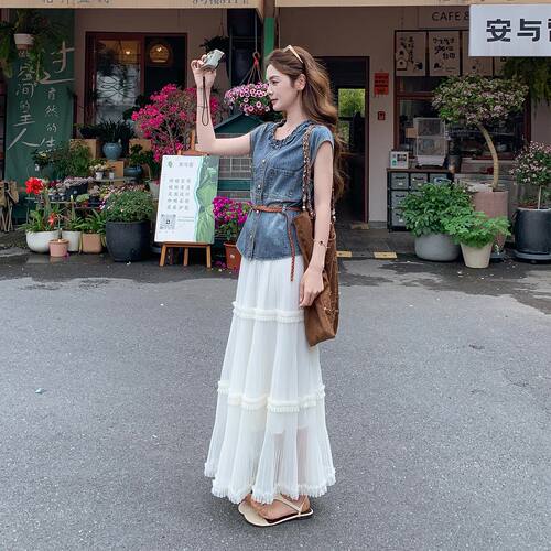 港风复古甜酷少女感套装夏日花边牛仔马甲半身裙两件套2026新款