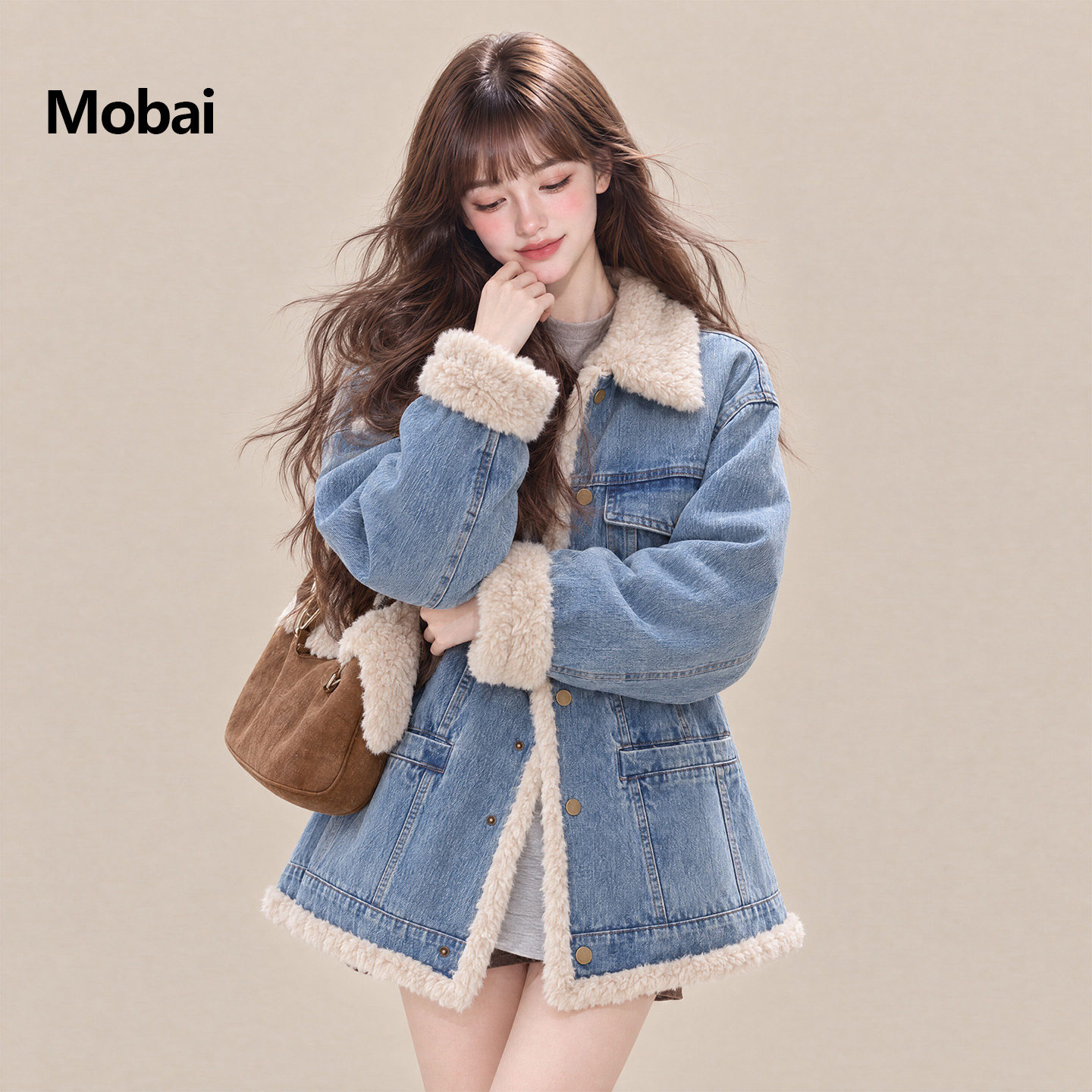 Mobai 蓝色羊羔毛拼接牛仔羽绒服女2026冬新款设计感保暖加厚外套