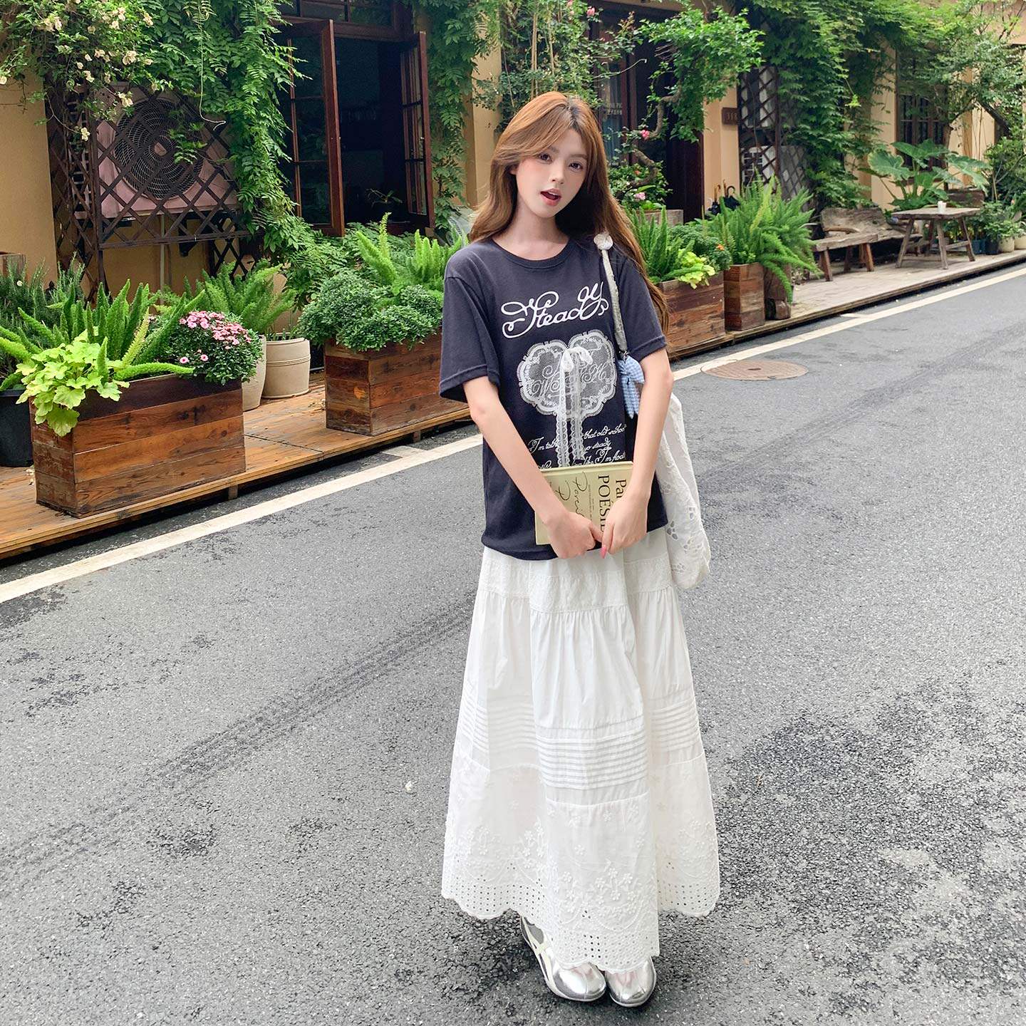 学院风甜美减龄套装女2026夏季新款爱心字母T恤花边半身裙两件套