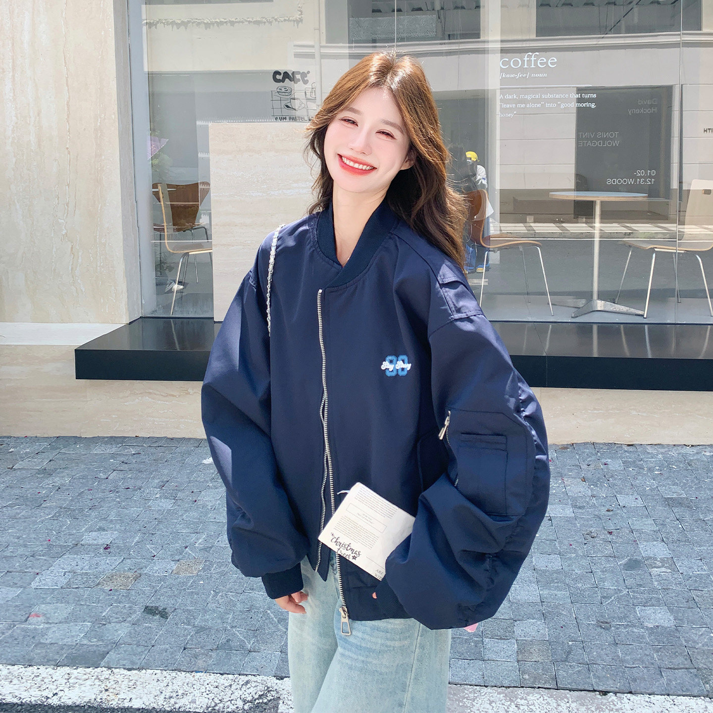 美式复古立领棒球服女字母刺绣