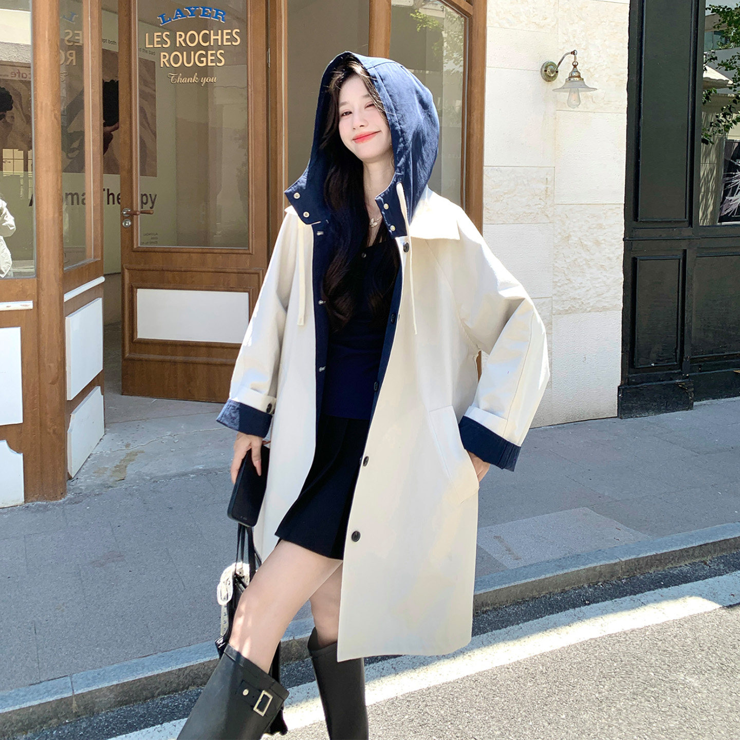 韩系连帽双面穿中长款风衣女