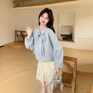 A14/198/218   韩系蝴蝶结领带卫衣女浅蓝色前后两穿