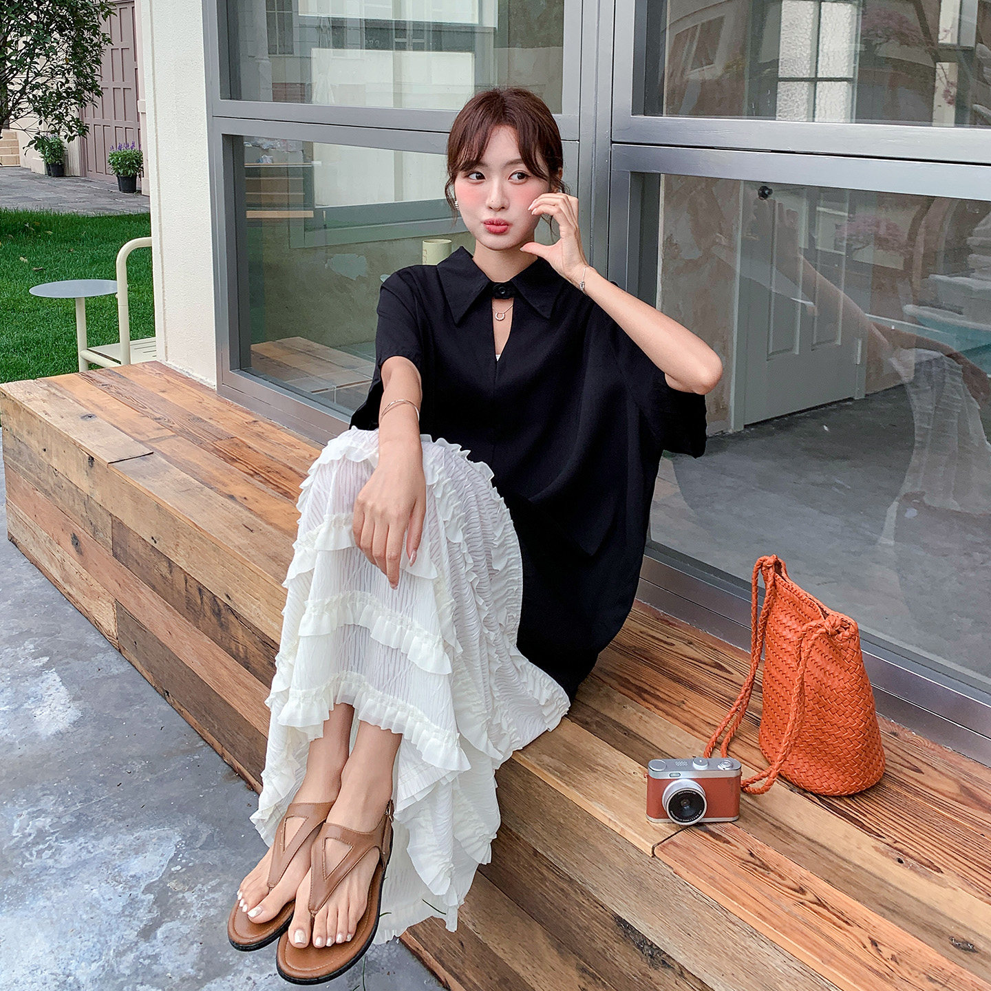 ins风黑色木耳边连衣裙女夏韩系