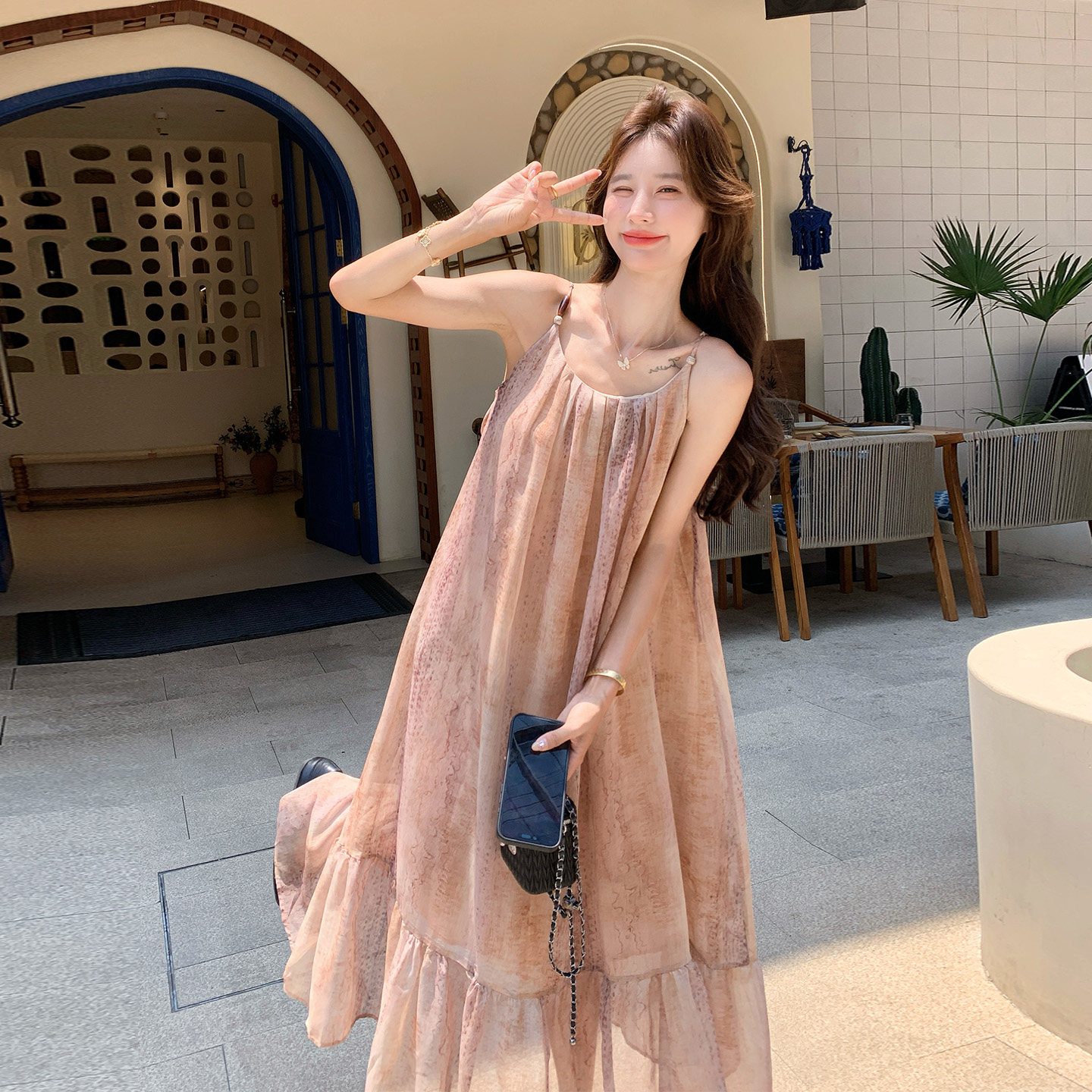 温柔风印花吊带连衣裙女夏度假风