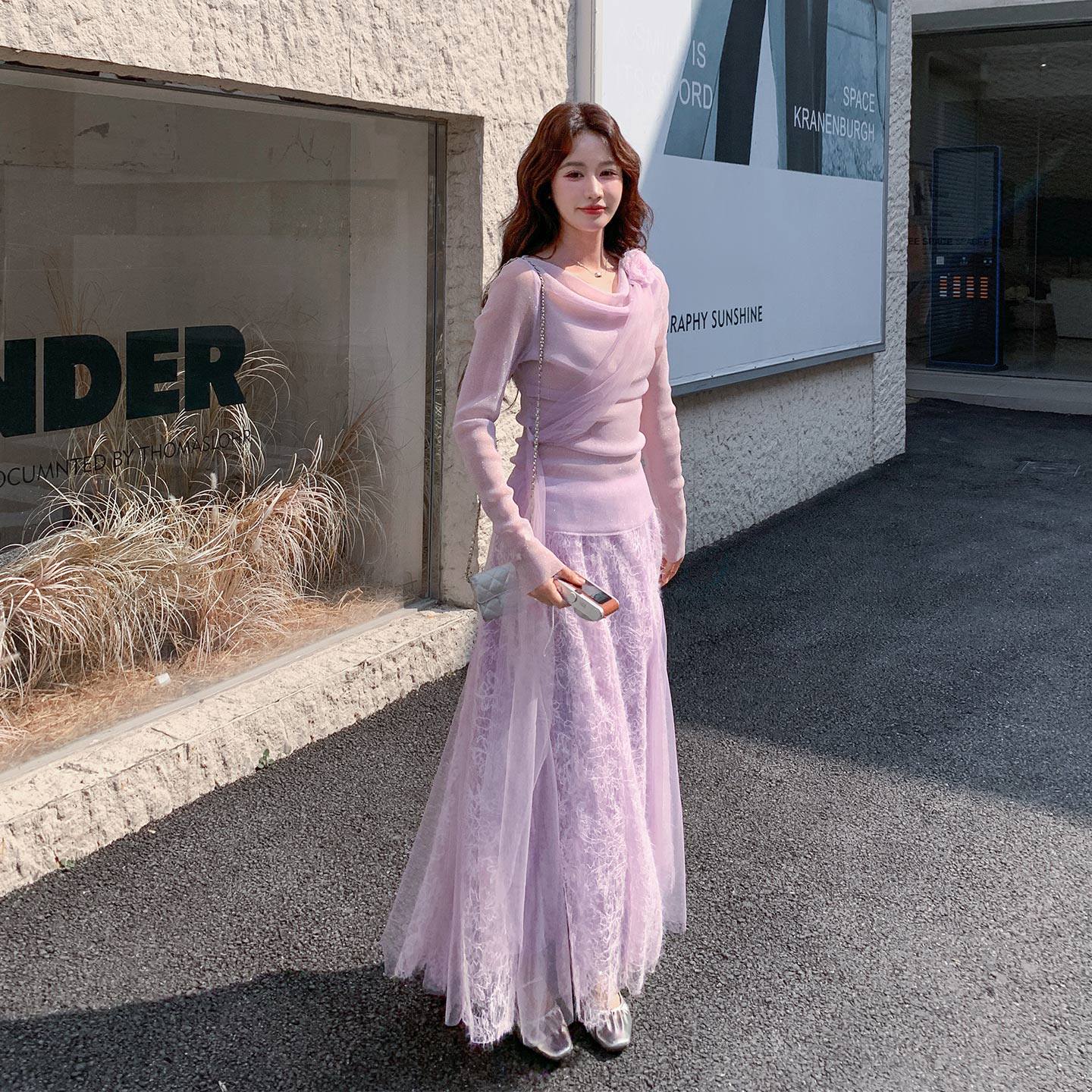 紫色系温柔风套装女2026春新款法式优雅气质上衣蕾丝半身裙两件套