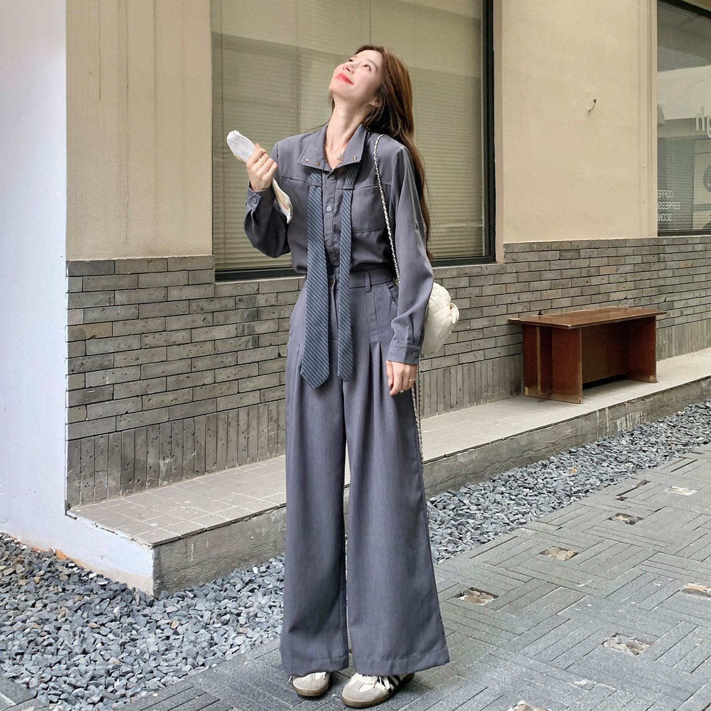 灰色通勤简约风衬衫阔腿裤两件套