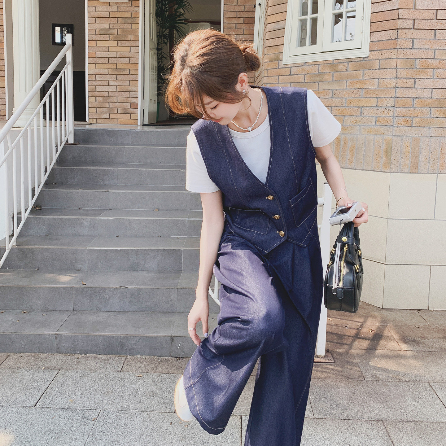 复古大方得体牛仔马甲套装女2026夏新款休闲短袖高腰阔腿裤三件套