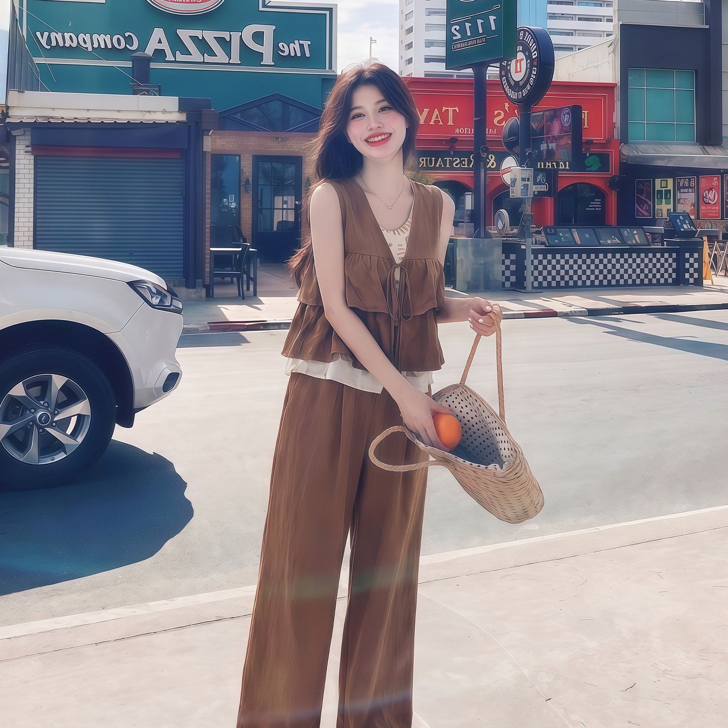 设计感荷叶边无袖背心马甲阔腿裤