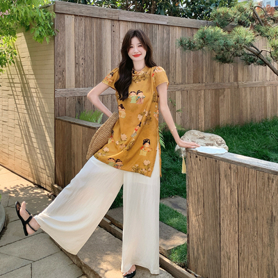 春季女装印花上衣阔腿裤两件套