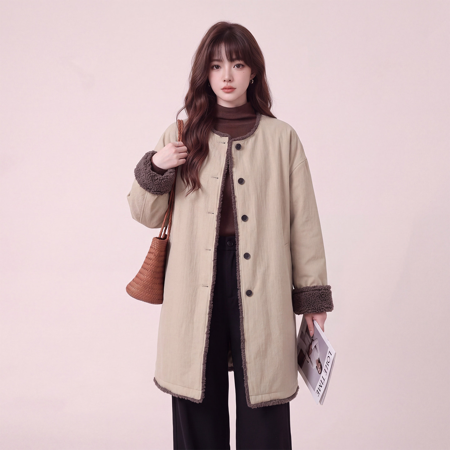 优雅毛绒拼接卡其保暖短外套女