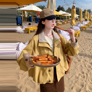 早春黄色休闲风格纹外套女2026新款小个子穿搭时髦洋气假两件上衣