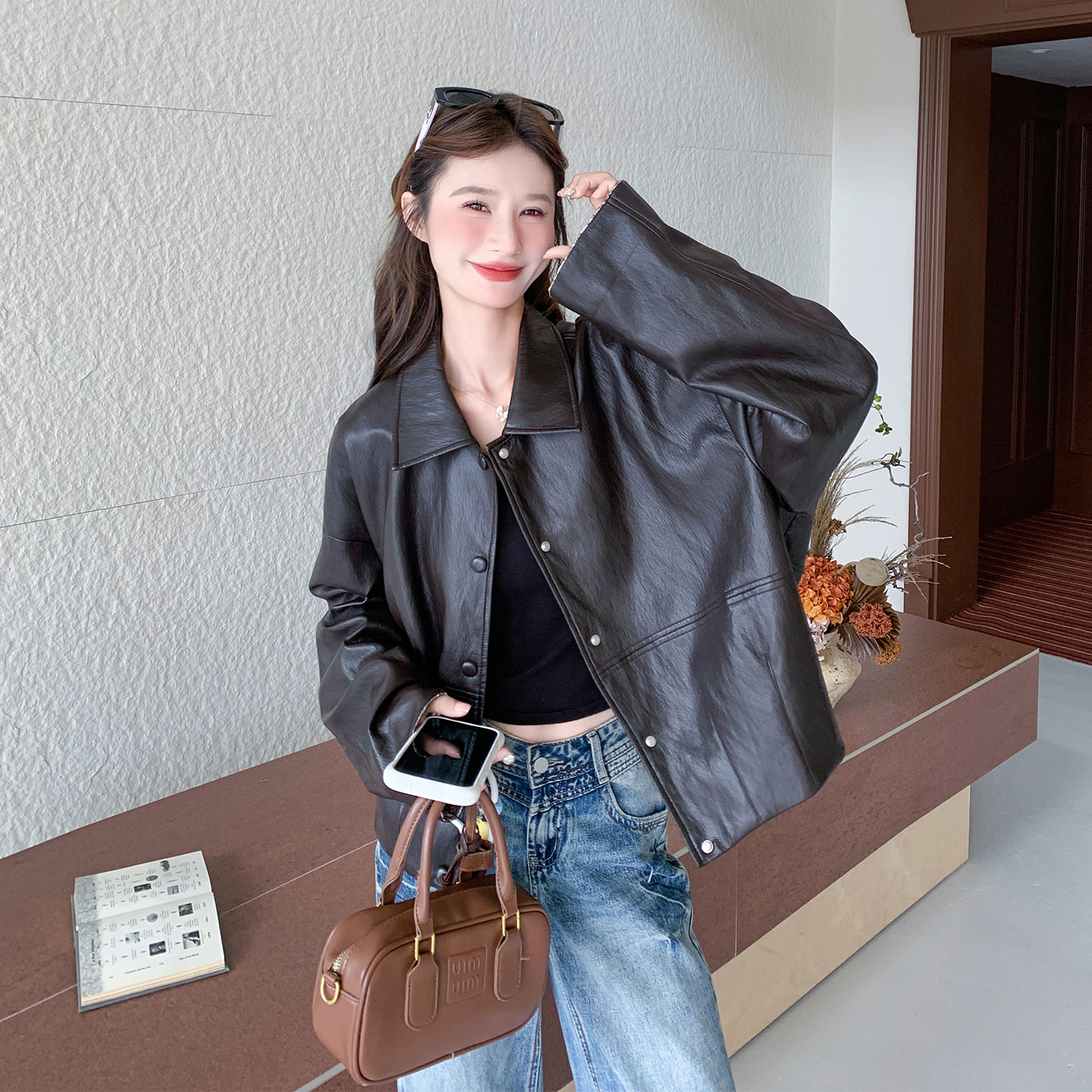 小个子宽松显瘦复古风外套女2026新款韩版随性减龄松弛感PU皮夹克