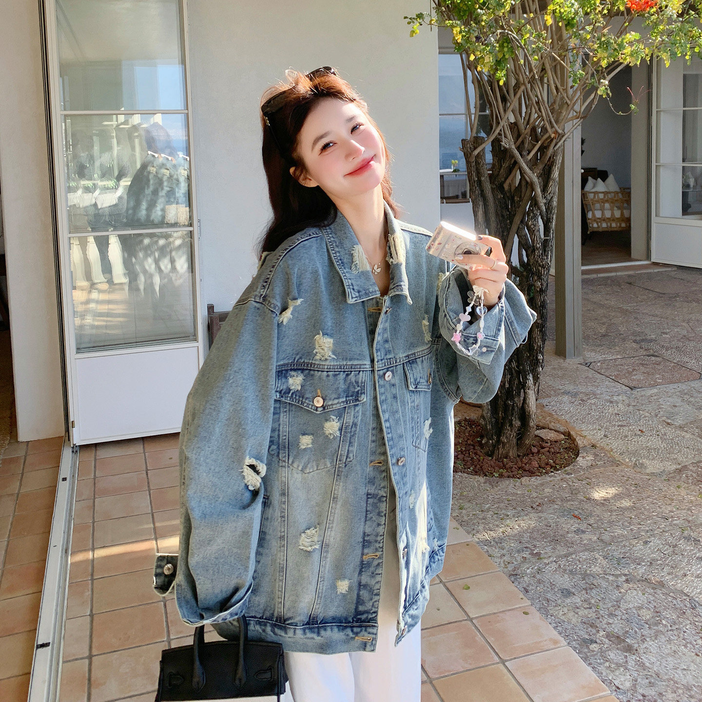 港风复古破洞牛仔外套女春秋