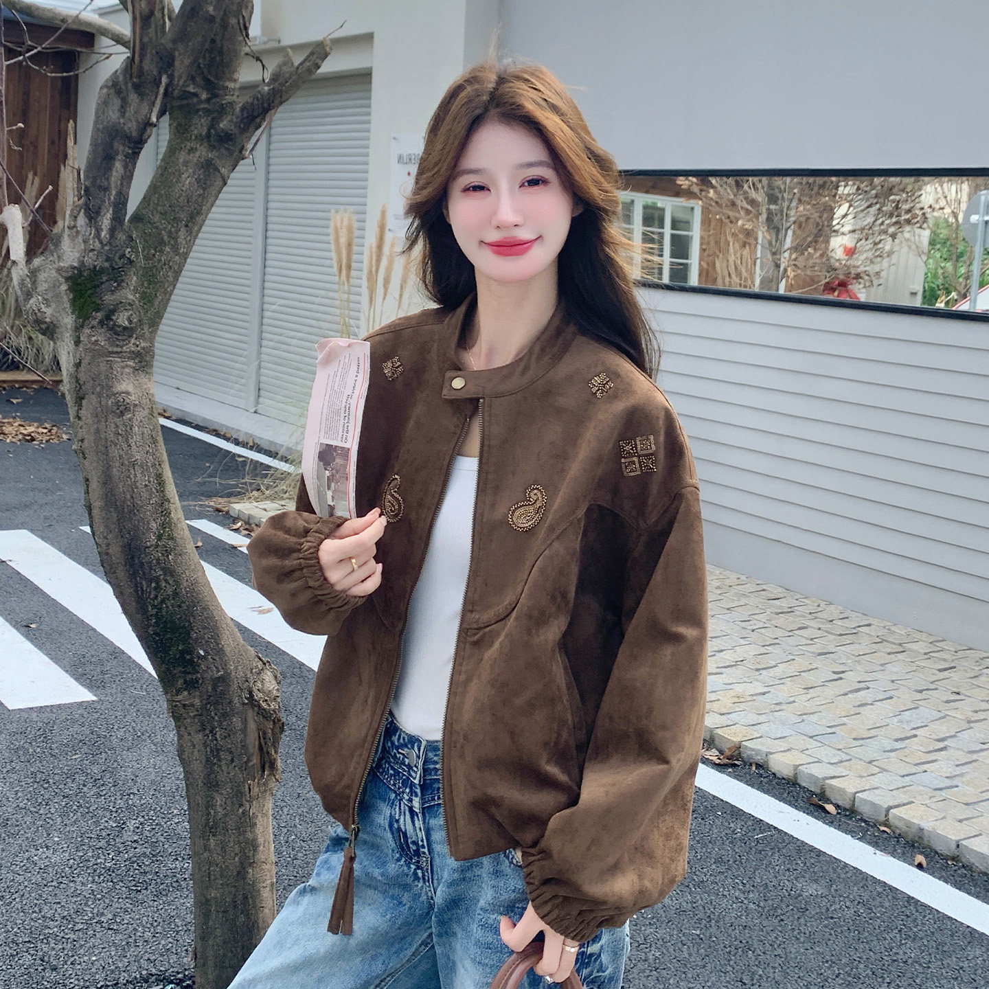 复古棕色短款外套女刺绣装饰拉链