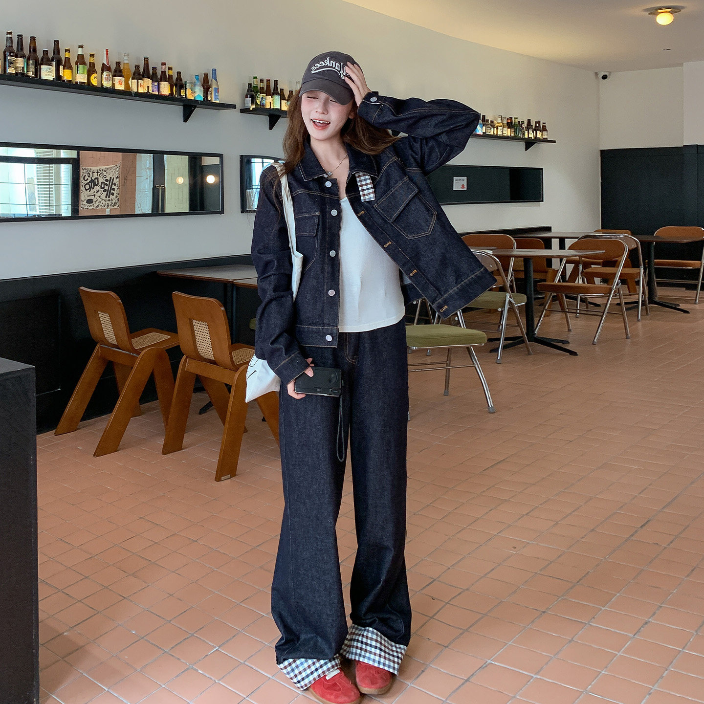 格纹拼接牛仔外套阔腿裤套装女