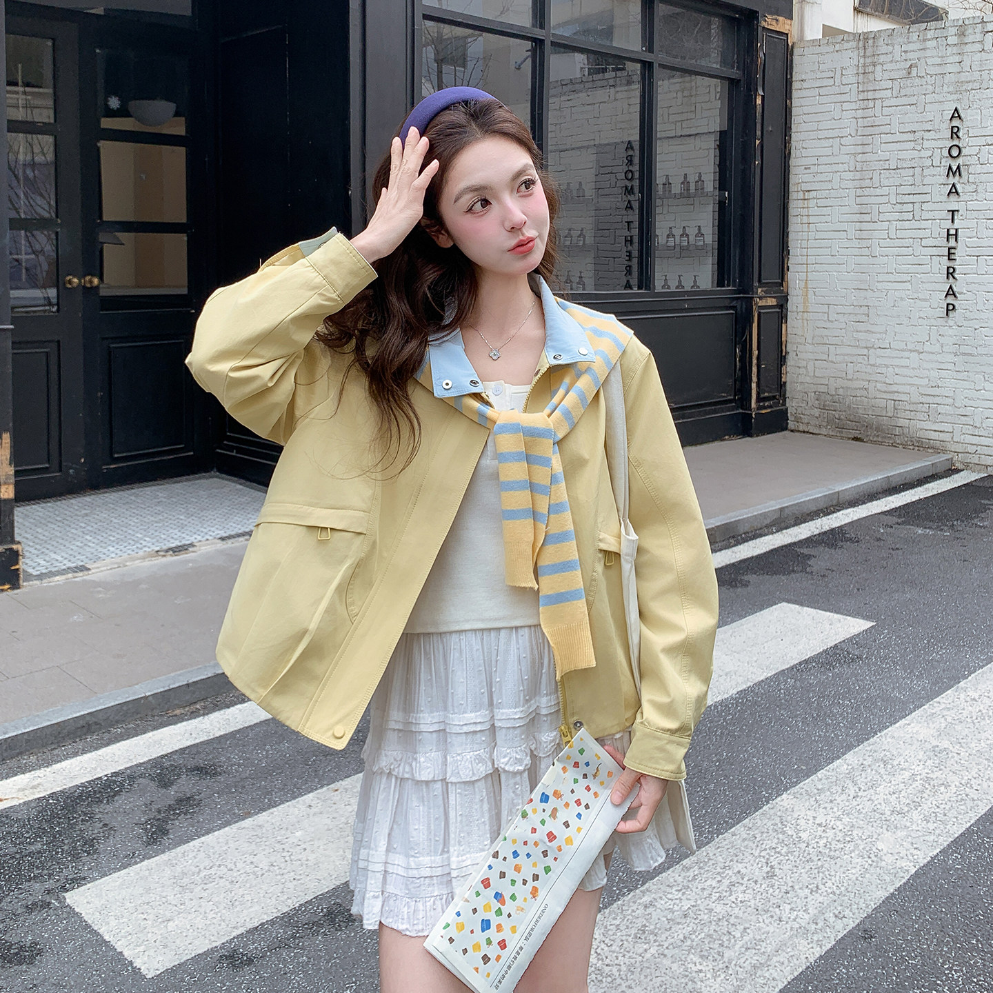 黄色小个子俏皮洋气撞色拼接外套女2026春新款设计感休闲减龄上衣