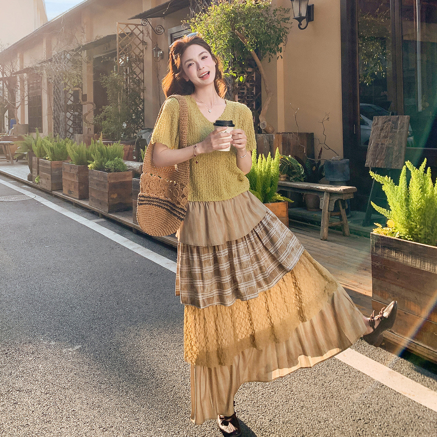 黄色上衣蛋糕裙套装女夏法式