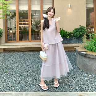 粉色甜美减龄软妹风穿搭2026夏日法式温柔风无袖背心半身裙两件套