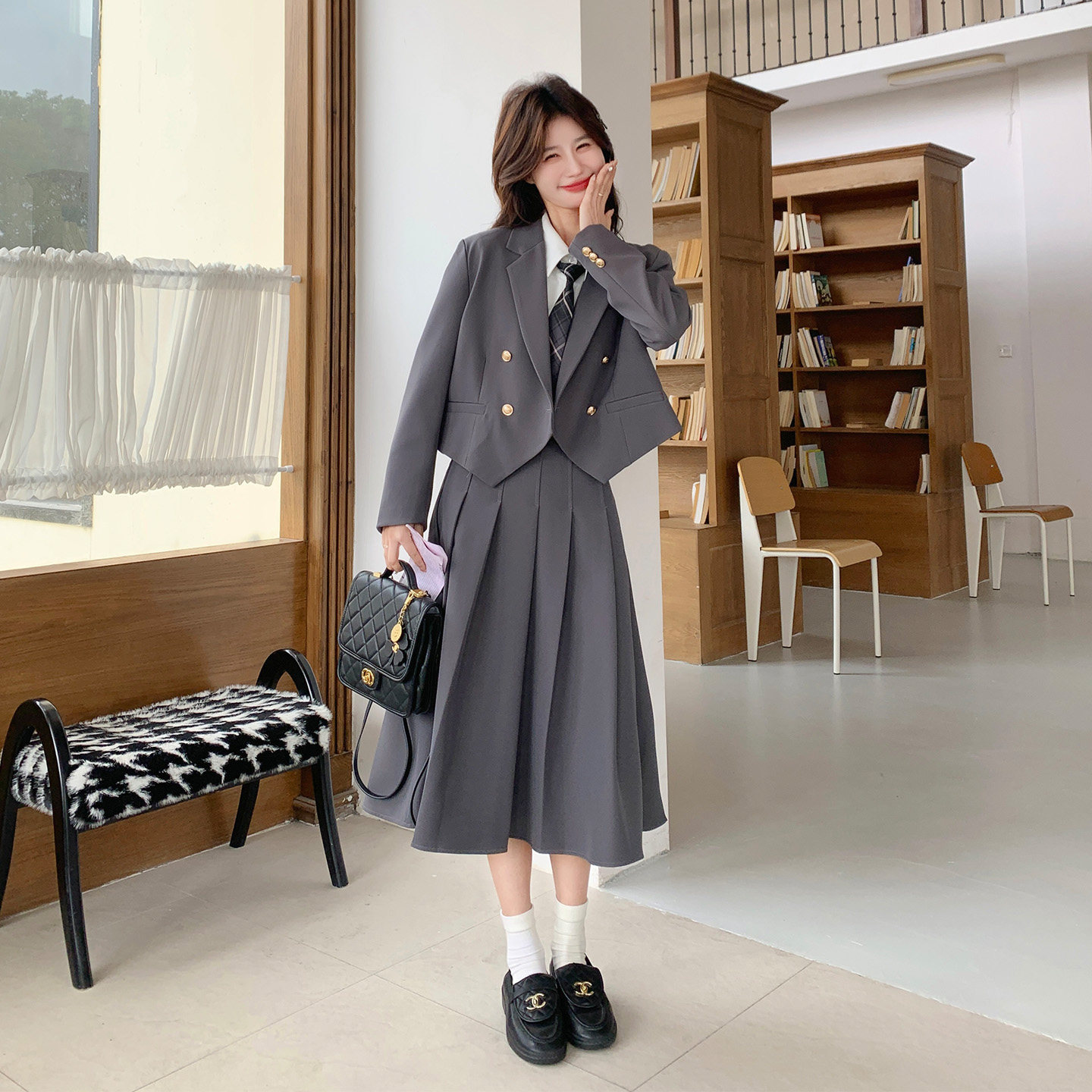 韩系jk学院风套装女2026早春新款高级感西装外套百褶半身裙两件套