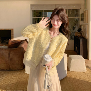 黄色高级感名媛风亮片外套女2026早春新款小个子独特气质精致上衣