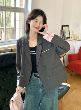 灰色高级感撞色拼接小个子西装女2026春季新款独特气质韩式风外套