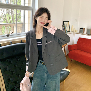 灰色高级感撞色拼接小个子西装女2026春季新款独特气质韩式风外套