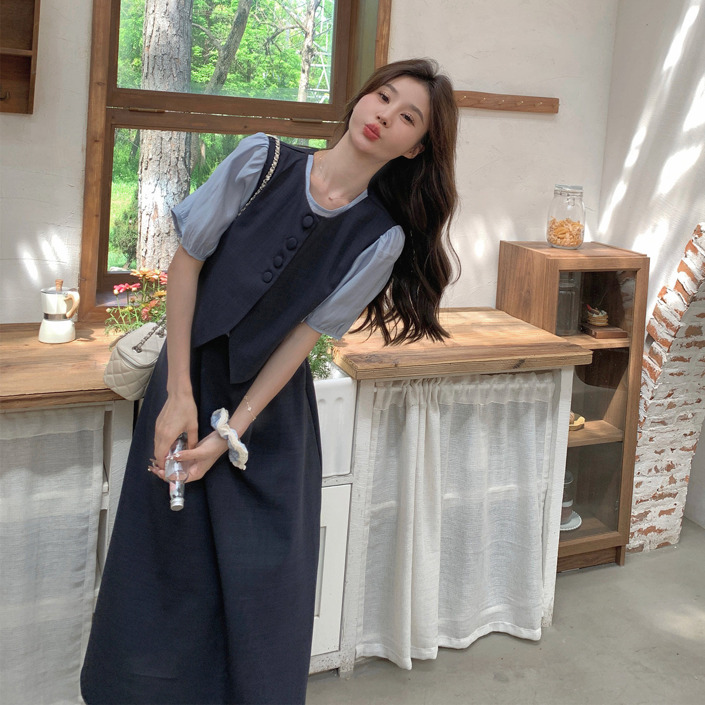 藏青色法式气质撞色假两件连衣裙女2026早春新款优雅高级感A字裙