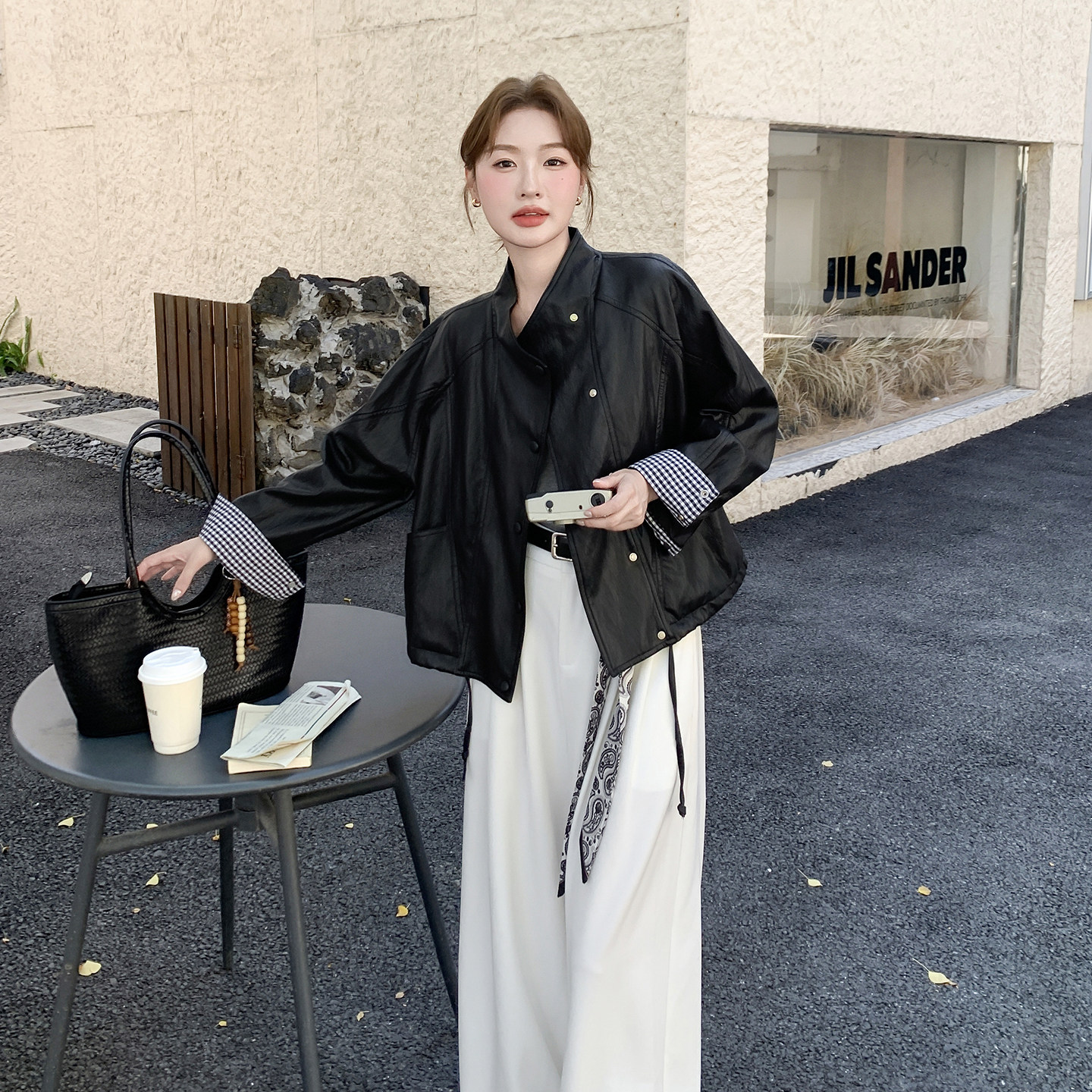 黑色美式格子拼接短款皮衣外套女2026春季小个子又酷又飒PU皮夹克