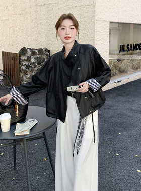 黑色美式格子拼接短款皮衣外套女2026春季小个子又酷又飒PU皮夹克