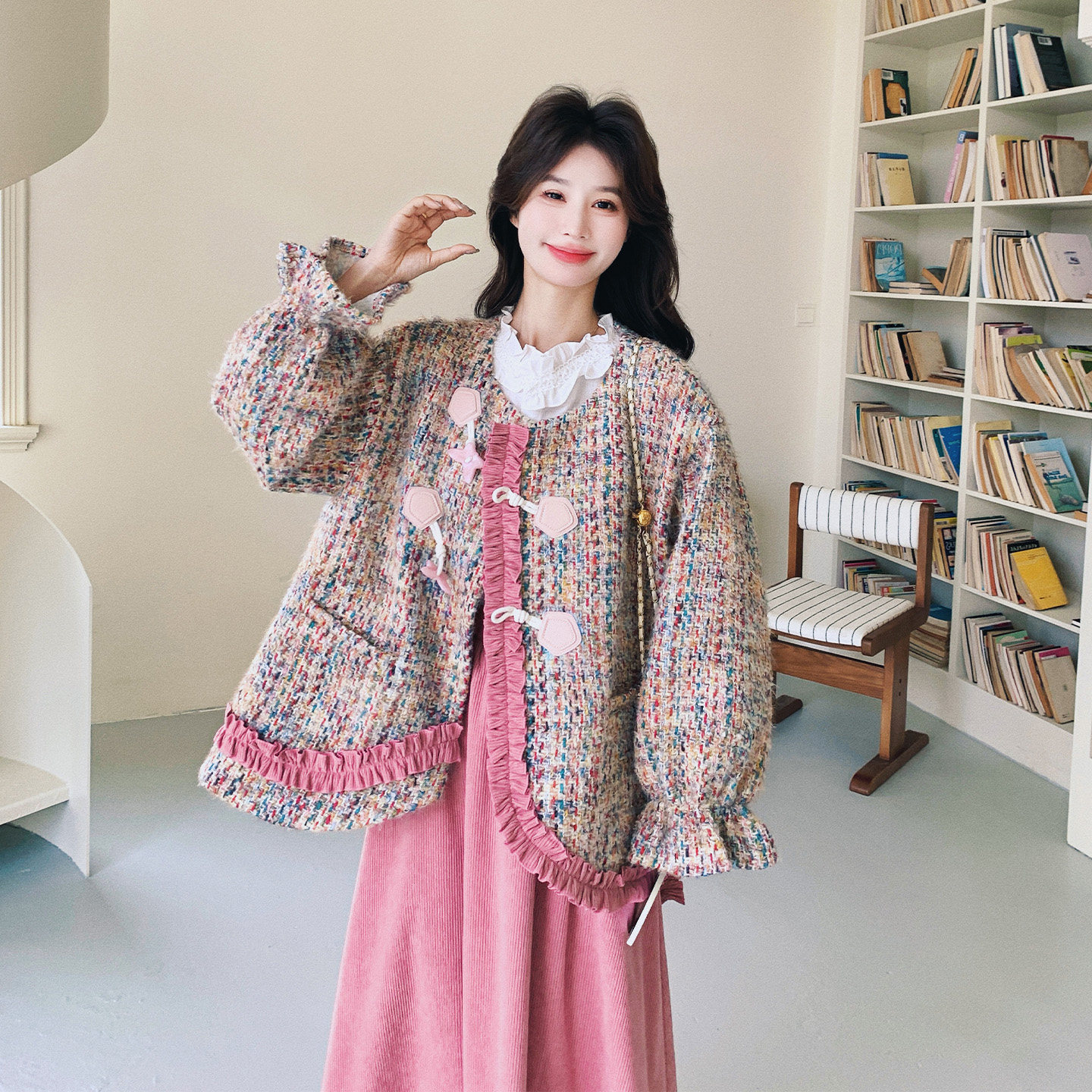 粉色甜美减龄气质感小香风套装女2026春新款花边上衣半身裙两件套