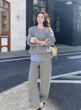 灰色慵懒风格子拼接卫衣套装女2026春季韩系休闲运动阔腿裤两件套
