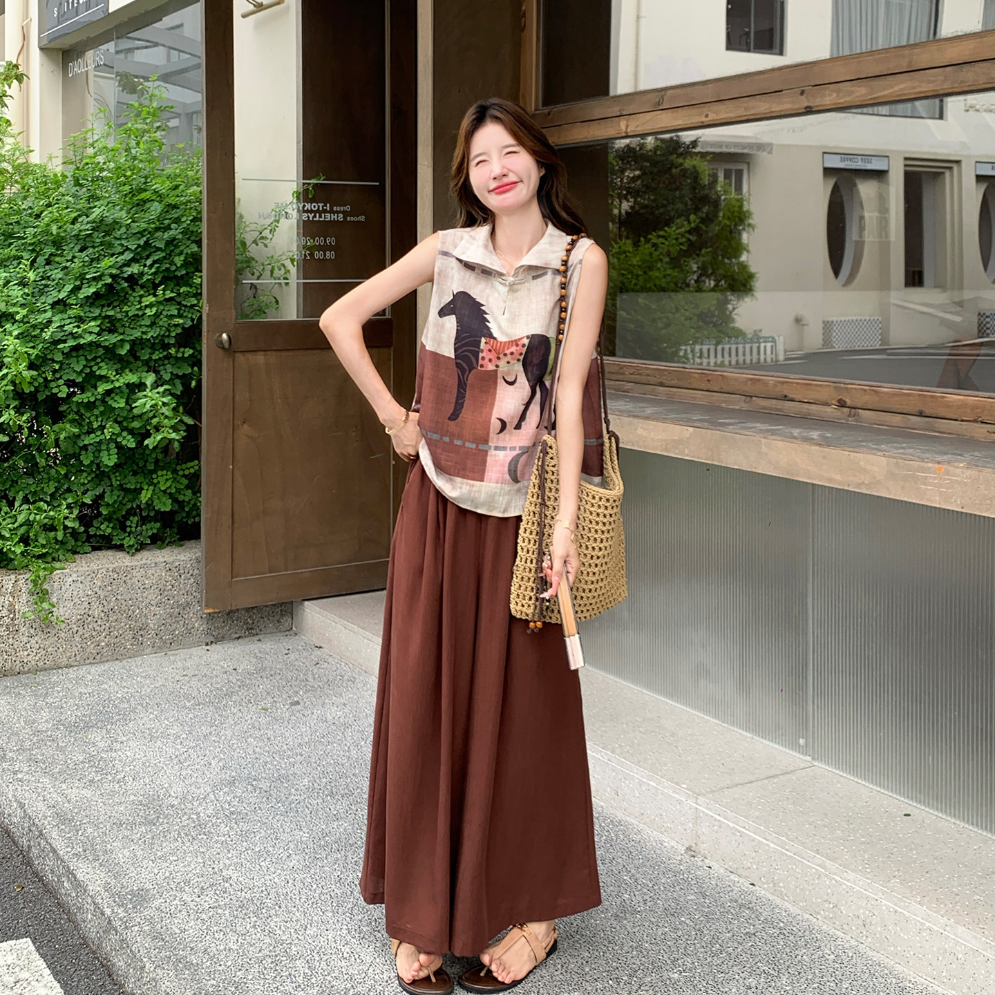 夏季女复古印花无袖阔腿裤两件套