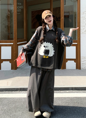 灰色别致设计感学院风套装裙春2026新款马甲格子衬衫阔腿裤三件套