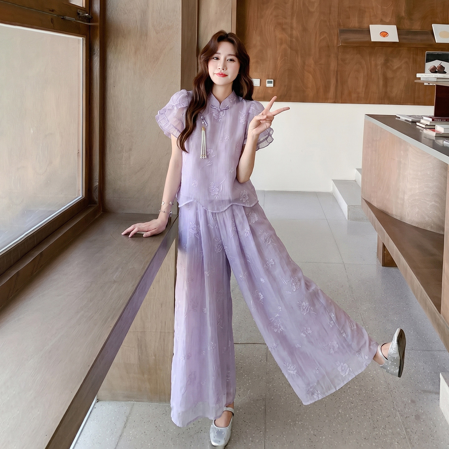 紫色温婉秀气新中式刺绣套装女2026新款国风盘扣上衣裙裤两件套夏