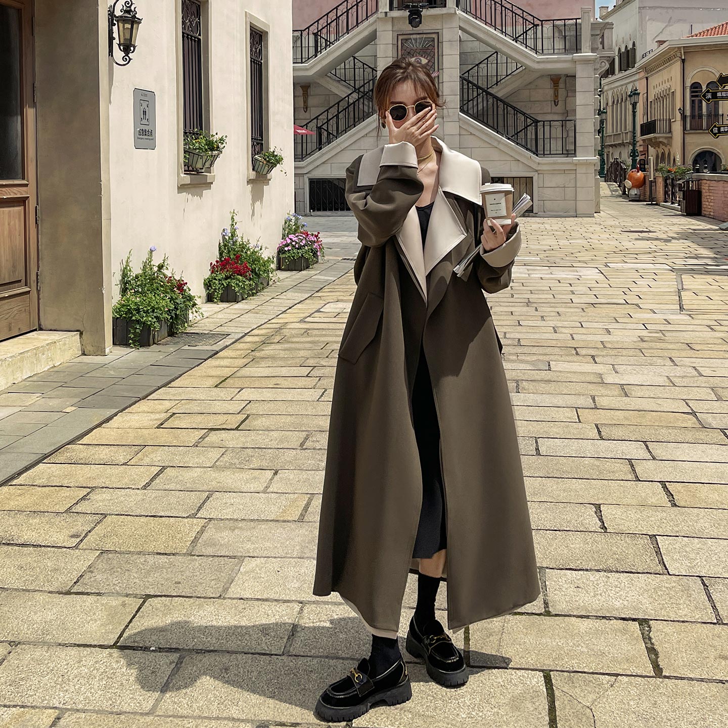 韩式宽松显瘦高级感外套女2026秋日新款复古时尚假两件拼色风衣