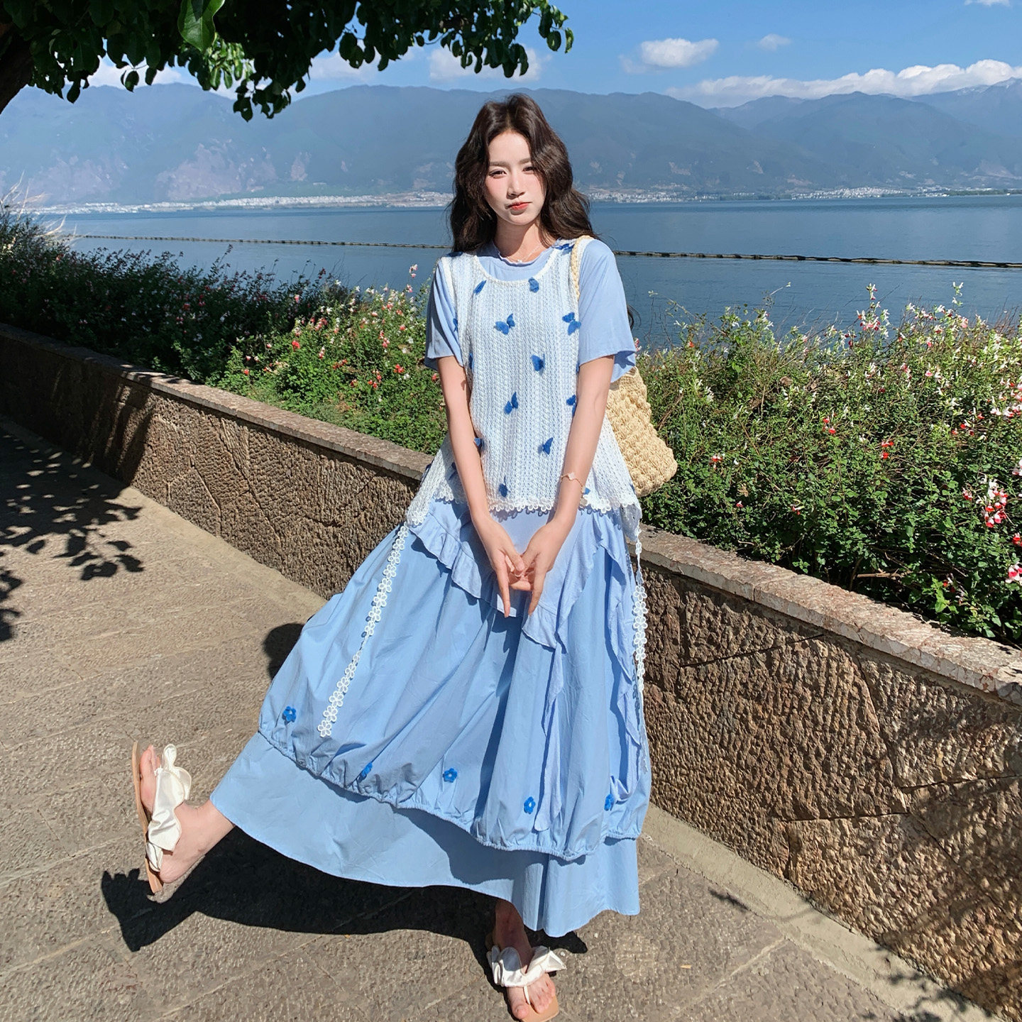 夏日独特漂亮超好看三件套女蝴蝶马甲花边短袖半身裙套装2026新款