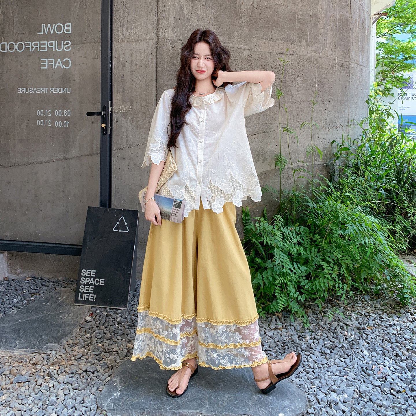 夏季慵懒风蕾丝刺绣女阔腿两件套